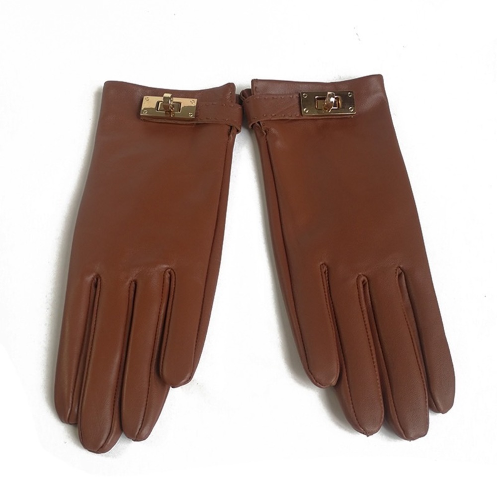 Hermes Style Lock Design Lambskin Soft Leather Gloves Brown